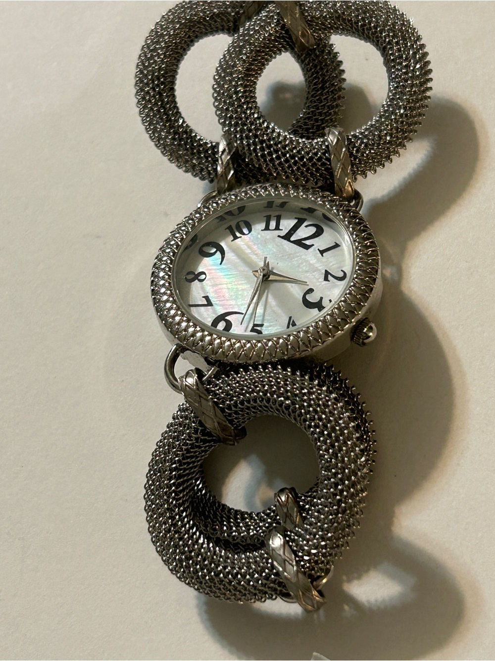 Vintage Silver Tone Mesh Ring Link Mother of Pearl Watch Bracelet